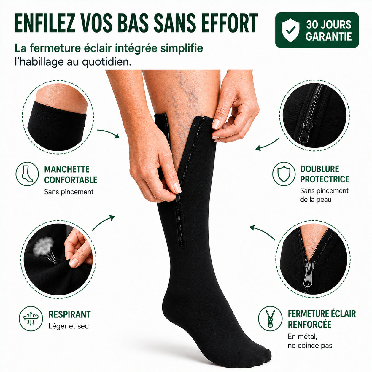 Chaussette de contention zipés