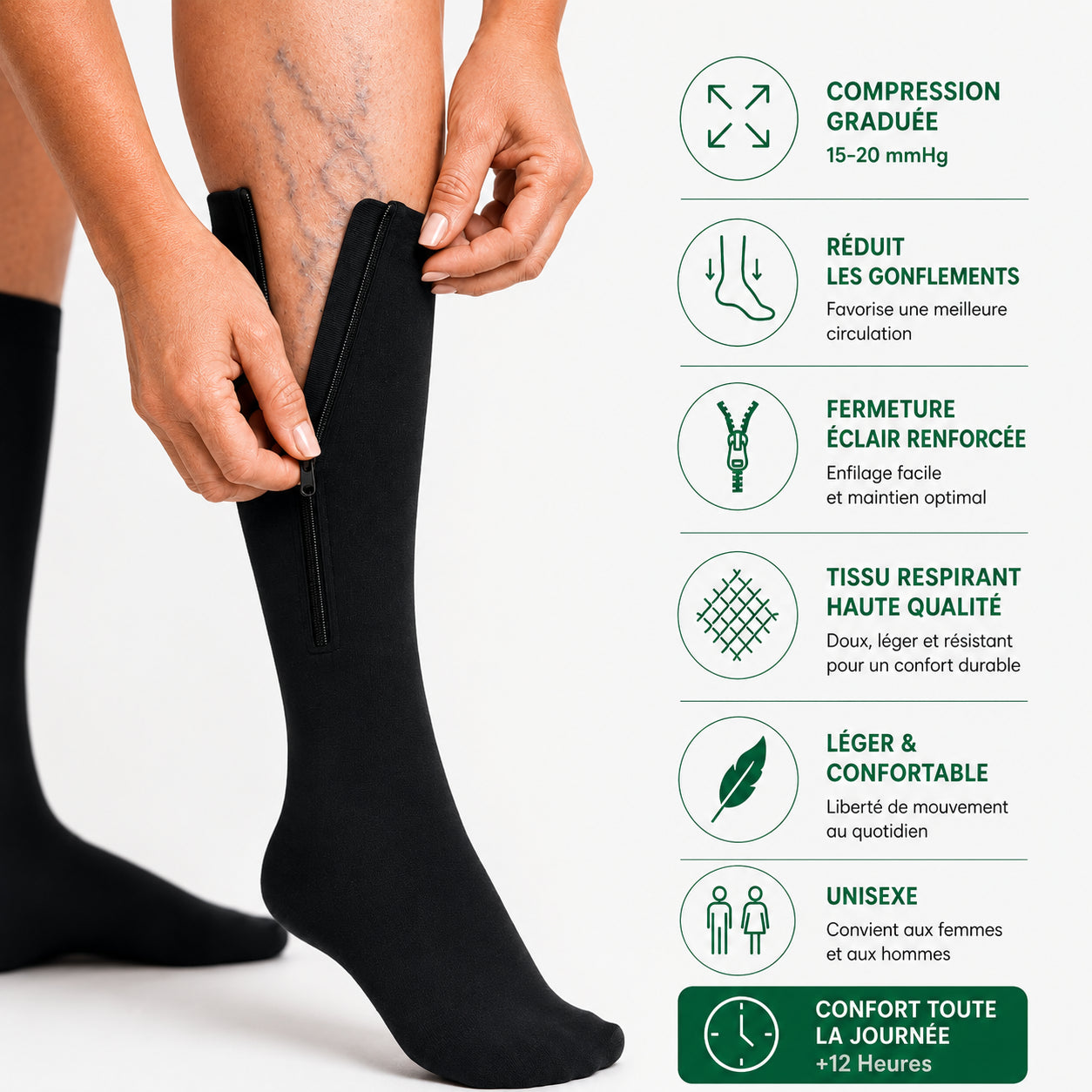 Chaussette de contention zipés